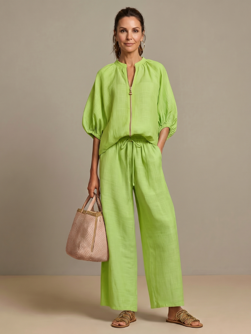 Sophie - Casual Women's Linen Outfit Set with Wide Leg Trousers and Puff Sleeves
