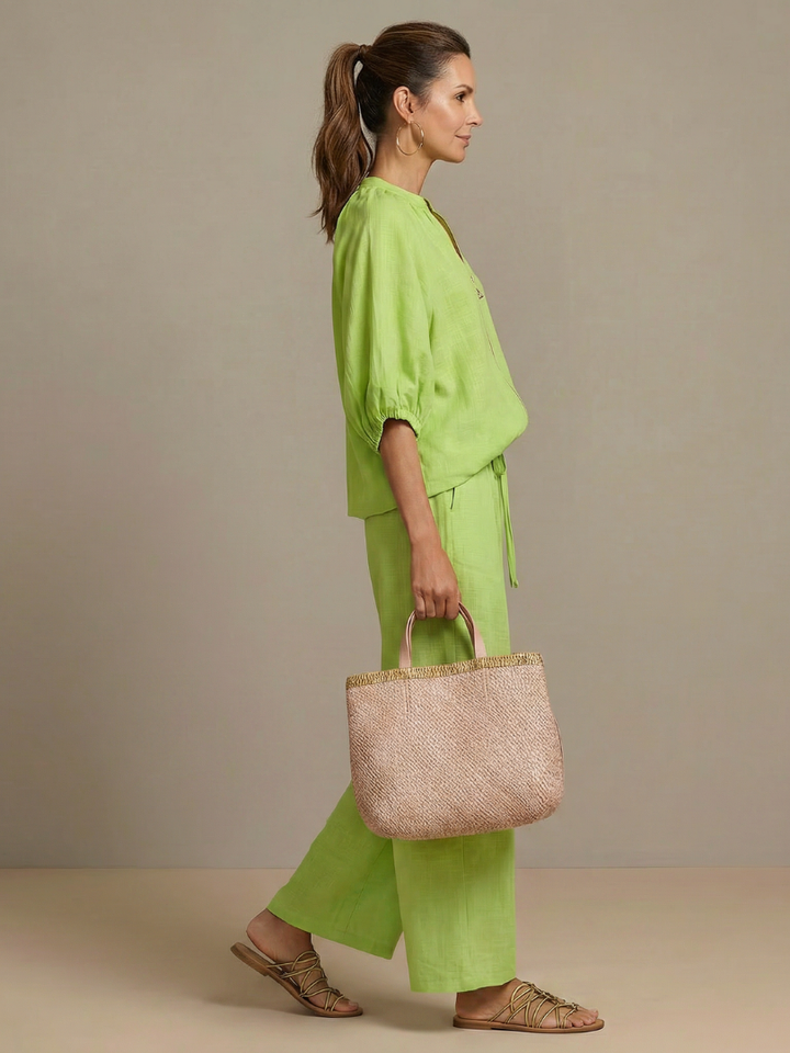 Sophie - Casual Women's Linen Outfit Set with Wide Leg Trousers and Puff Sleeves