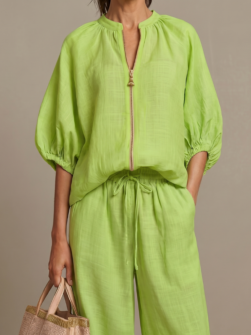 Sophie - Casual Women's Linen Outfit Set with Wide Leg Trousers and Puff Sleeves