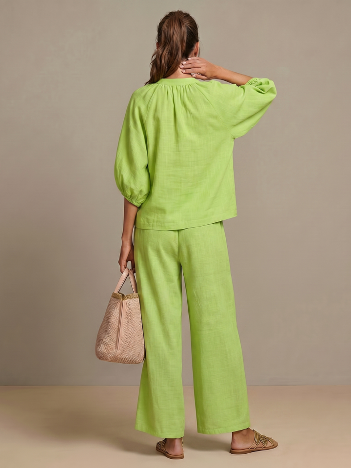 Sophie - Casual Women's Linen Outfit Set with Wide Leg Trousers and Puff Sleeves