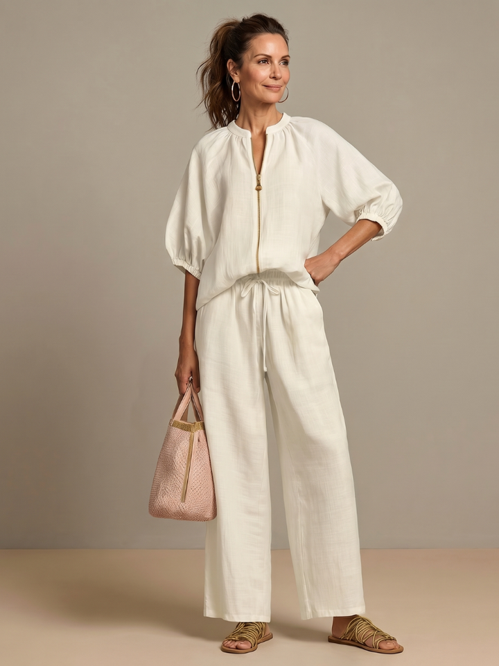 Sophie - Casual Women's Linen Outfit Set with Wide Leg Trousers and Puff Sleeves
