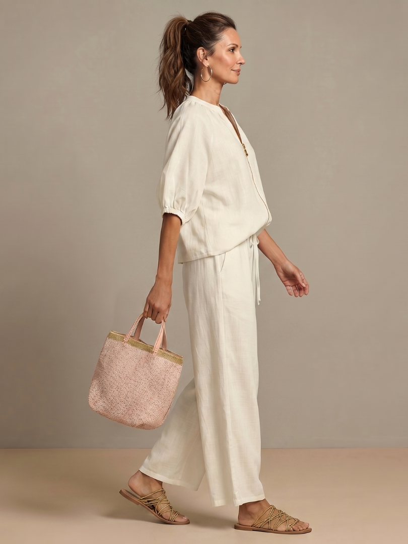 Sophie - Casual Women's Linen Outfit Set with Wide Leg Trousers and Puff Sleeves