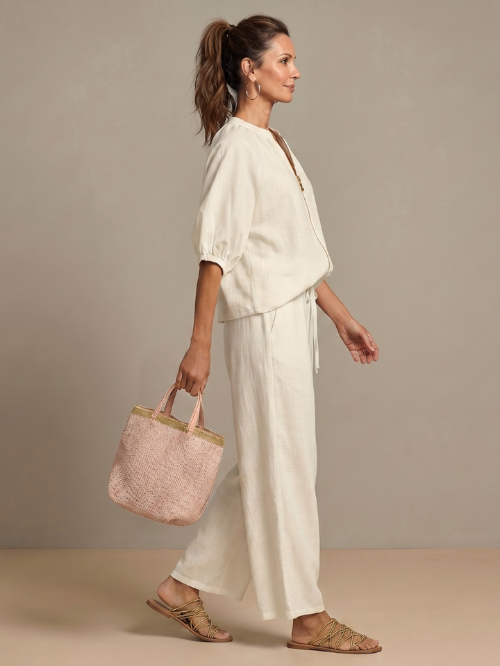 Sophie - Casual Women's Linen Outfit Set with Wide Leg Trousers and Puff Sleeves