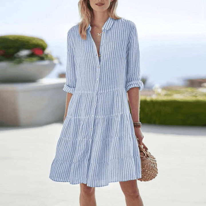 Sophie - Casual Women's Linen Summer Dress with Tiered Skirt and Button Front