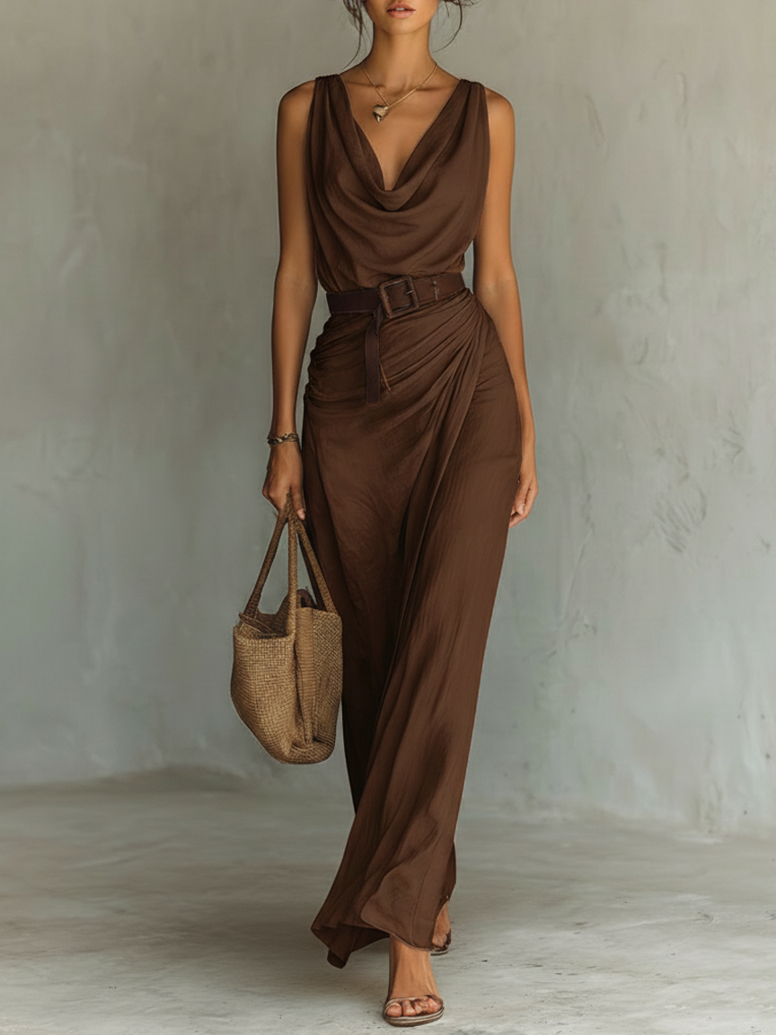Sophie - Elegant Wedding Guest Dress for Women with Cowl Neck and Belted Waist
