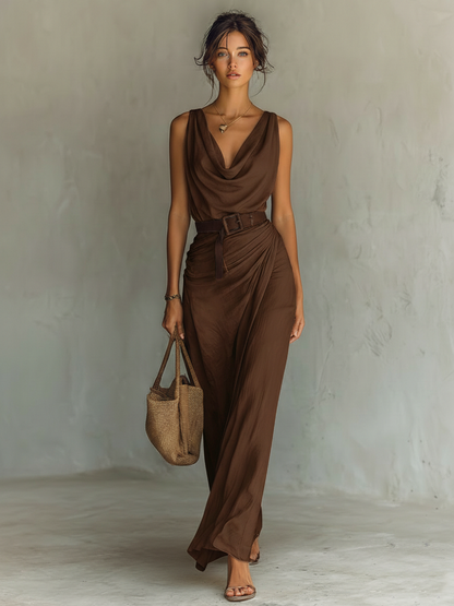 Sophie - Elegant Wedding Guest Dress for Women with Cowl Neck and Belted Waist
