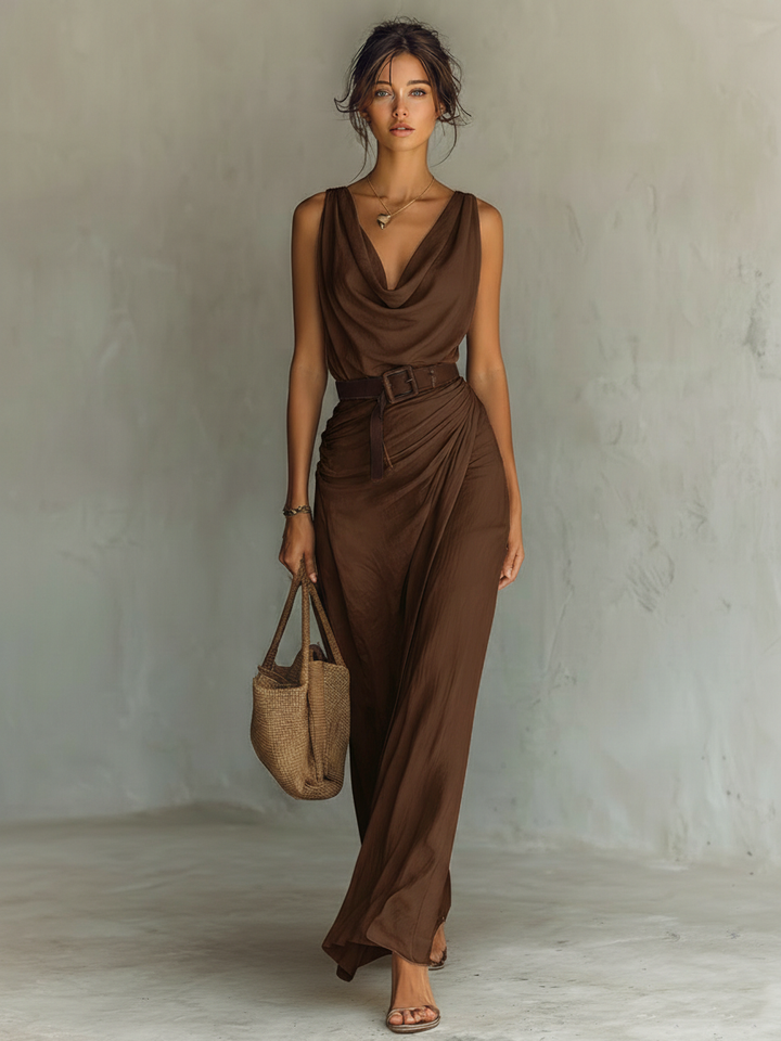 Sophie - Elegant Wedding Guest Dress for Women with Cowl Neck and Belted Waist