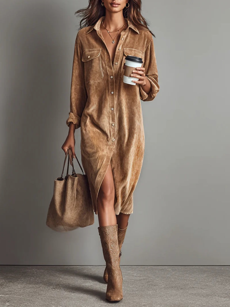 Sophie - Elegant Women's Wedding Guest Midi Dress with Long Sleeves and Chest Pockets