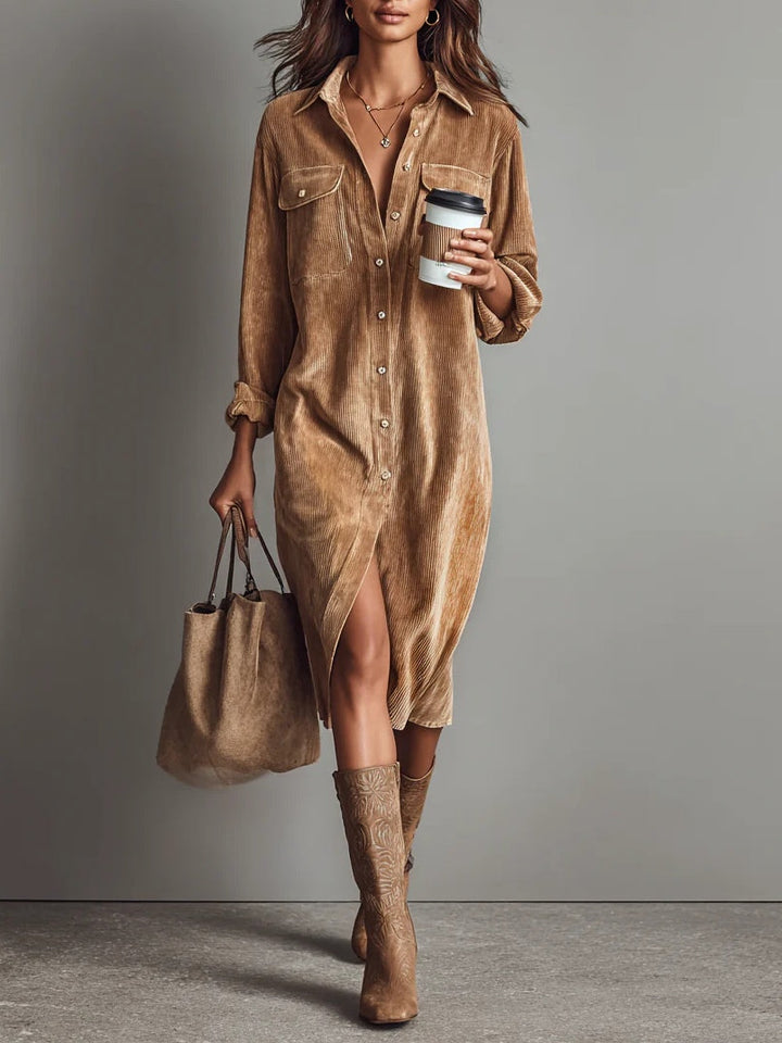 Sophie - Elegant Women's Wedding Guest Midi Dress with Long Sleeves and Chest Pockets