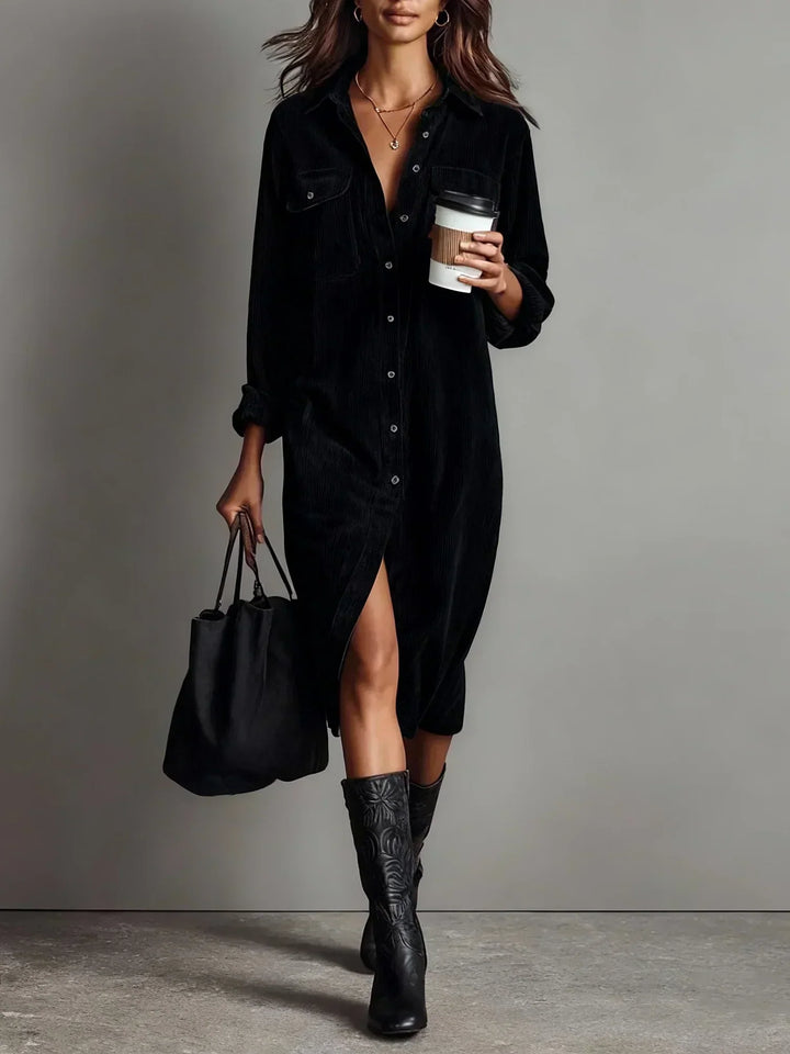 Sophie - Elegant Women's Wedding Guest Midi Dress with Long Sleeves and Chest Pockets