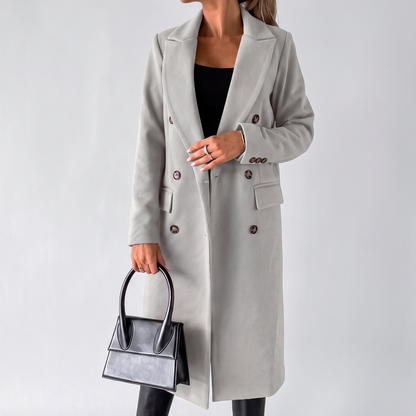 Sophie - Women's long winter trench coat with wide lapels and flap pockets