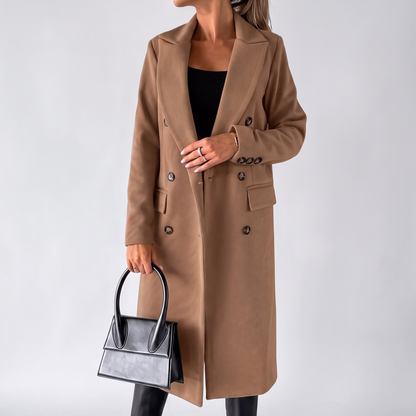 Sophie - Women's long winter trench coat with wide lapels and flap pockets