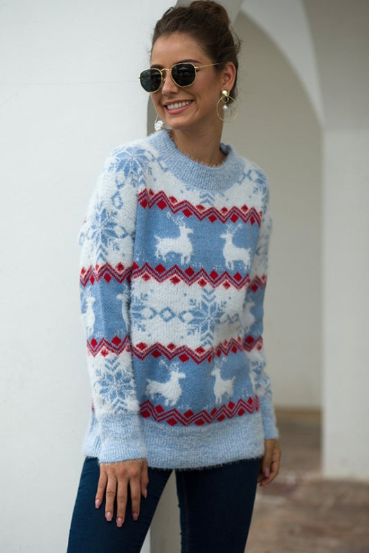 Sophie - Women's striped Christmas jumper with snowflake and reindeer pattern