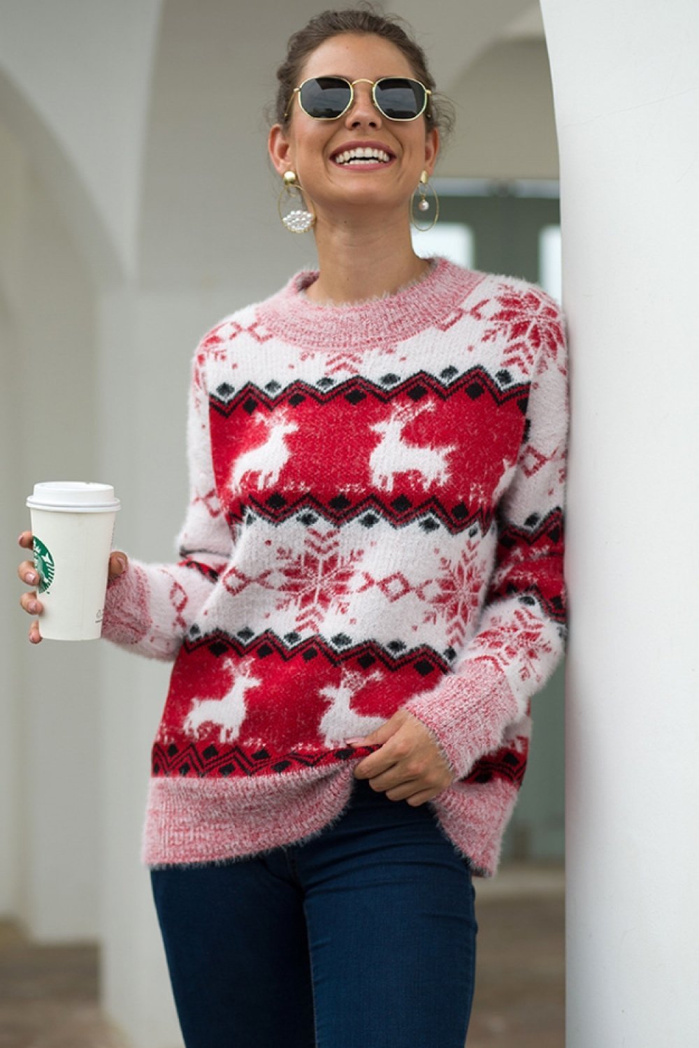 Sophie - Women's striped Christmas jumper with snowflake and reindeer pattern