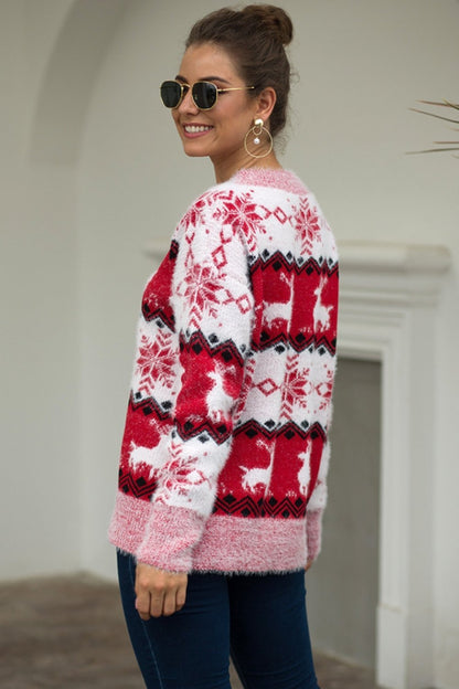 Sophie - Women's striped Christmas jumper with snowflake and reindeer pattern