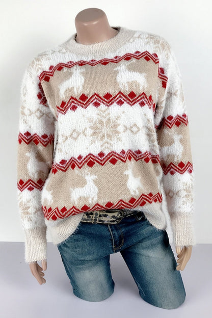 Sophie - Women's striped Christmas jumper with snowflake and reindeer pattern