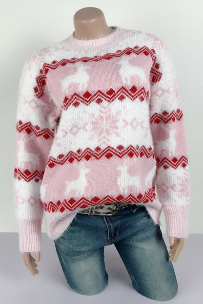 Sophie - Women's striped Christmas jumper with snowflake and reindeer pattern