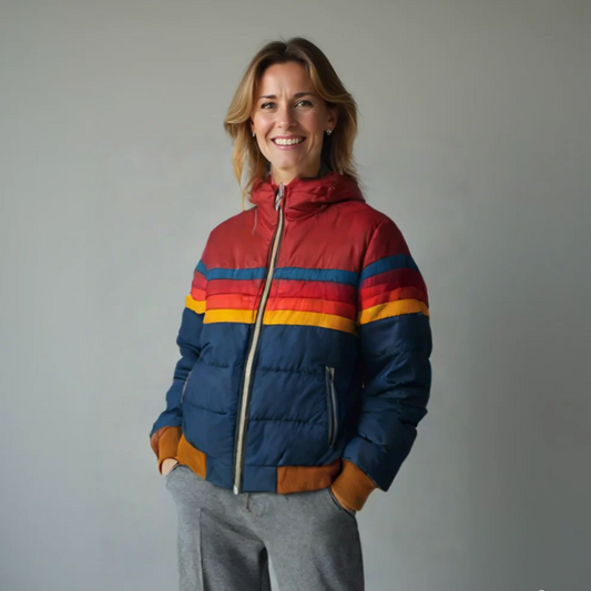 Tara - Women's Puffer Jacket for Autumn with Retro Stripe and Ribbed Cuffs