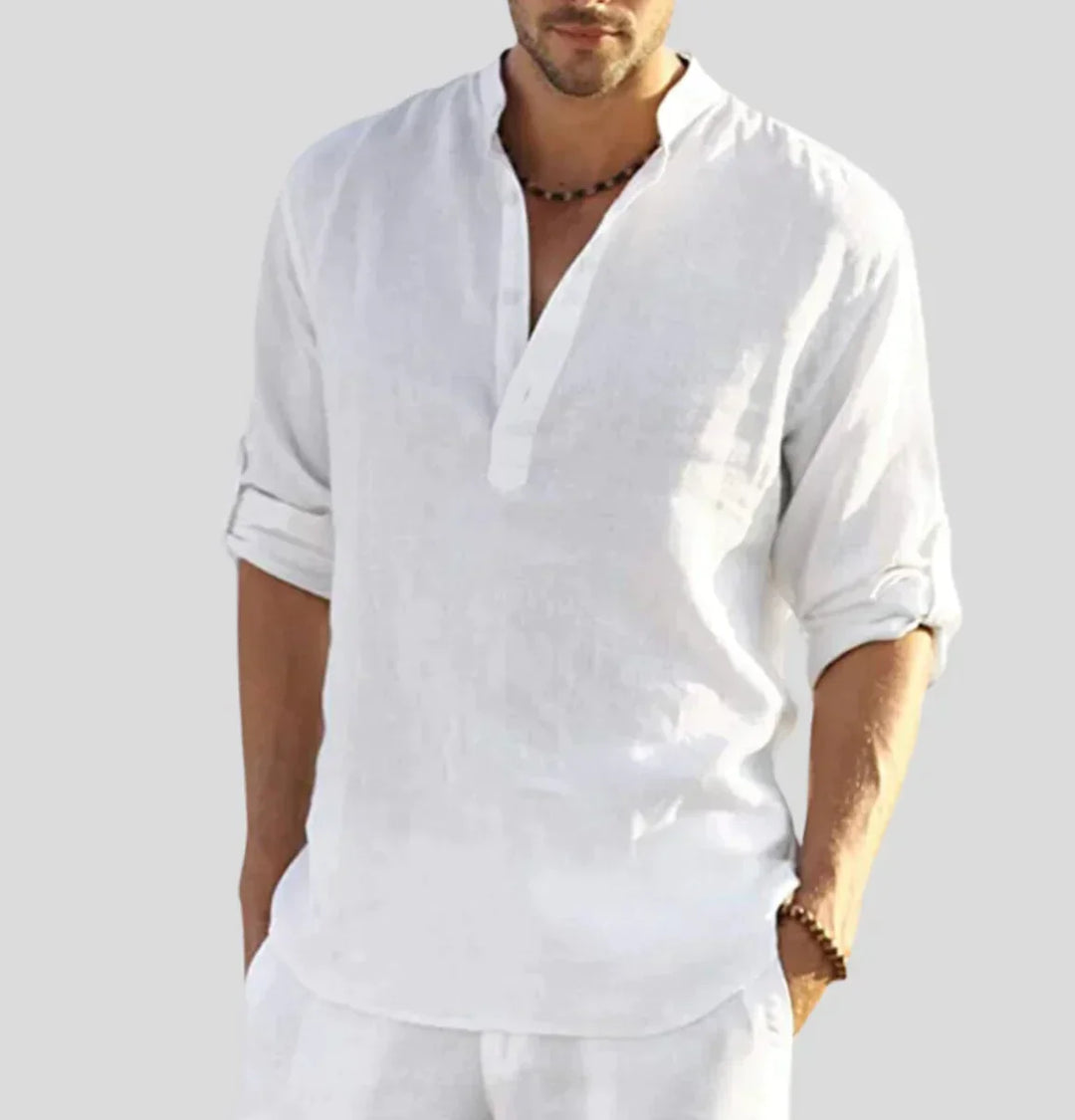 Thomas - Casual Men's Linen Shirt with Long Sleeves and Grandad Collar