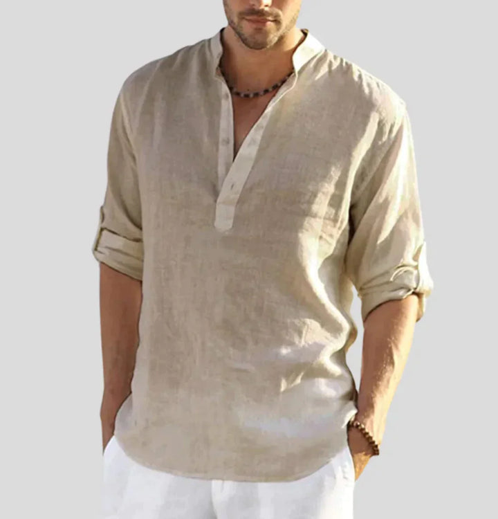 Thomas - Casual Men's Linen Shirt with Long Sleeves and Grandad Collar