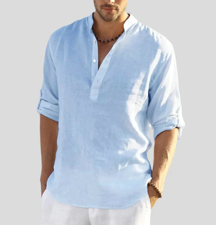 Thomas - Casual Men's Linen Shirt with Long Sleeves and Grandad Collar