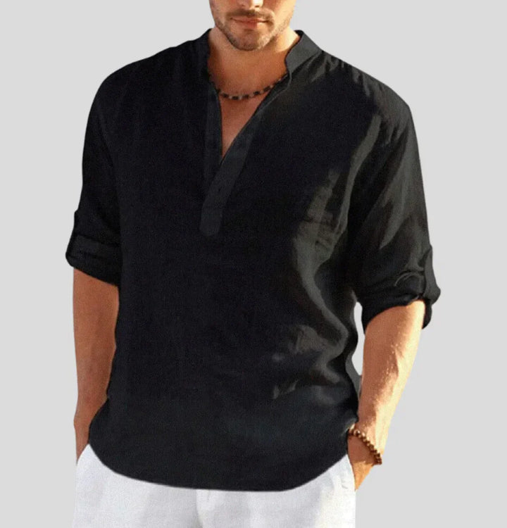 Thomas - Casual Men's Linen Shirt with Long Sleeves and Grandad Collar