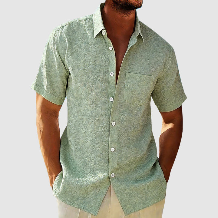 Thomas - Casual Men's Linen Shirt with Textured Floral Print and Chest Pocket
