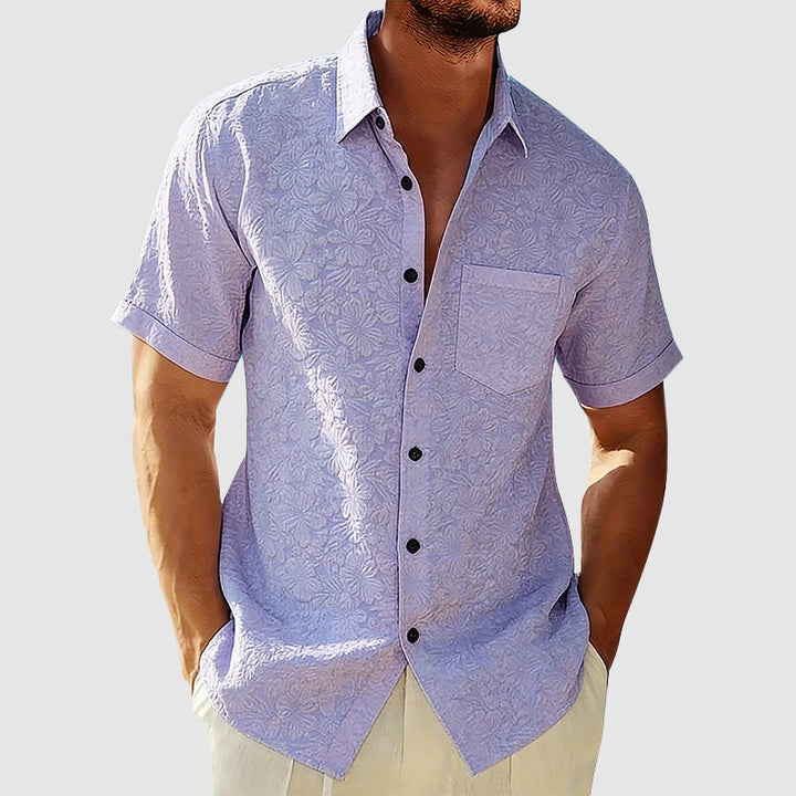 Thomas - Casual Men's Linen Shirt with Textured Floral Print and Chest Pocket