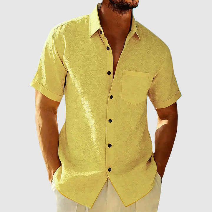 Thomas - Casual Men's Linen Shirt with Textured Floral Print and Chest Pocket
