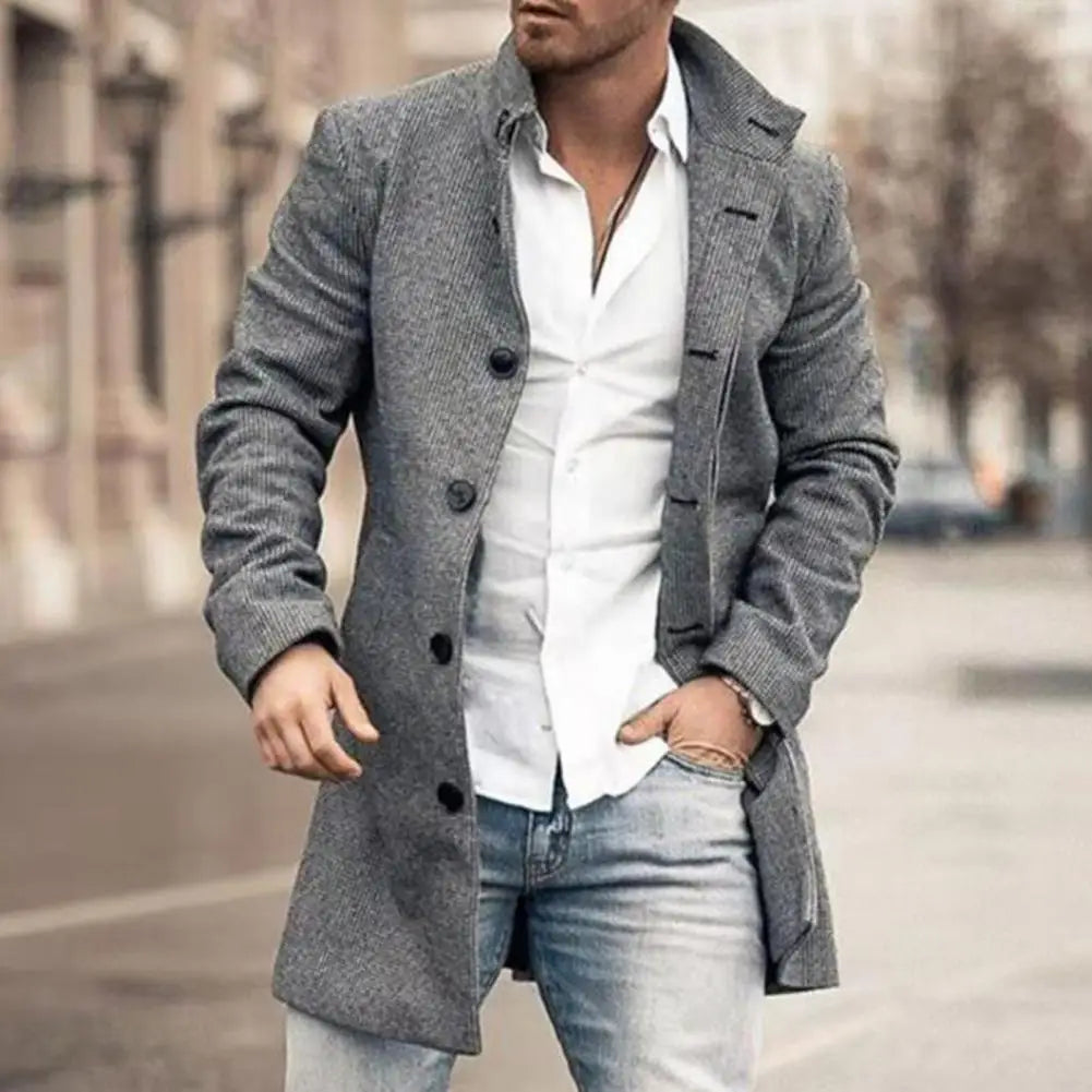Thomas - Men's long smart winter coat with lapel collar and button front