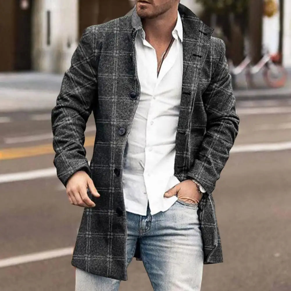 Thomas - Men's long smart winter coat with lapel collar and button front