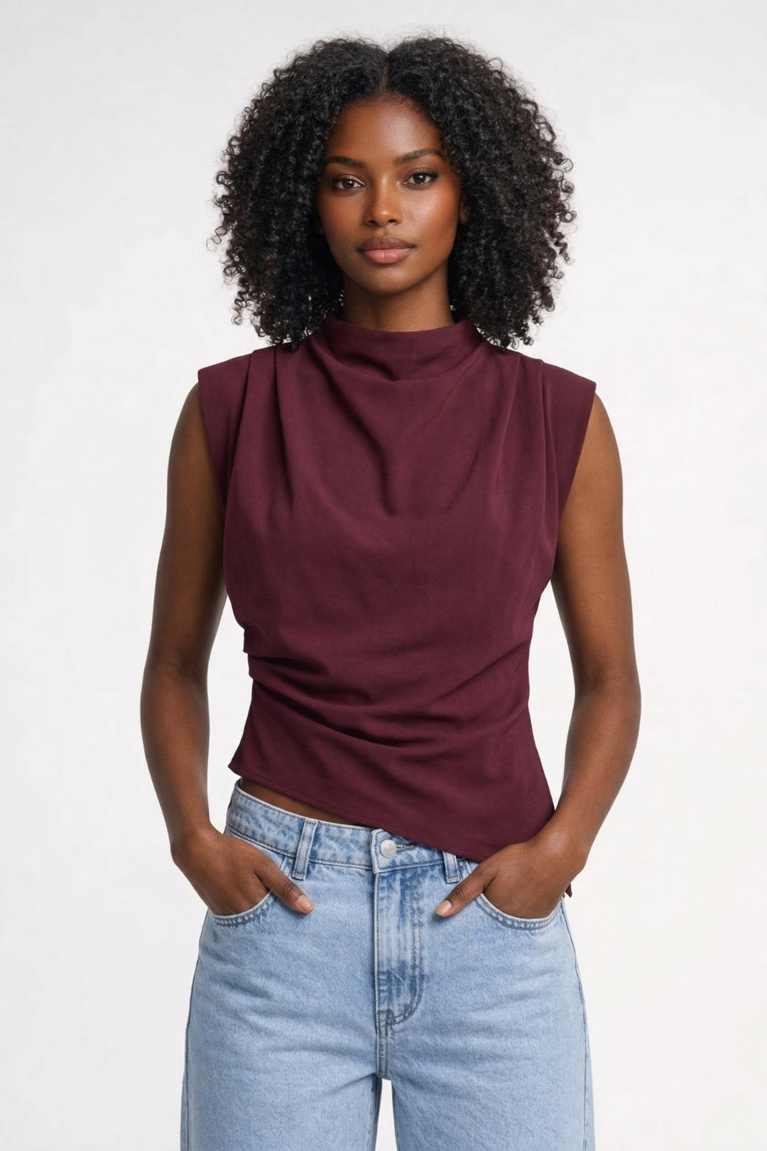 Top Women - Sleeveless Mock Neck Draped Ruched Side | Elegant
