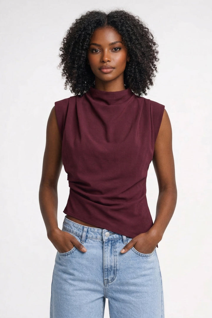Top Women - Sleeveless Mock Neck Draped Ruched Side | Elegant