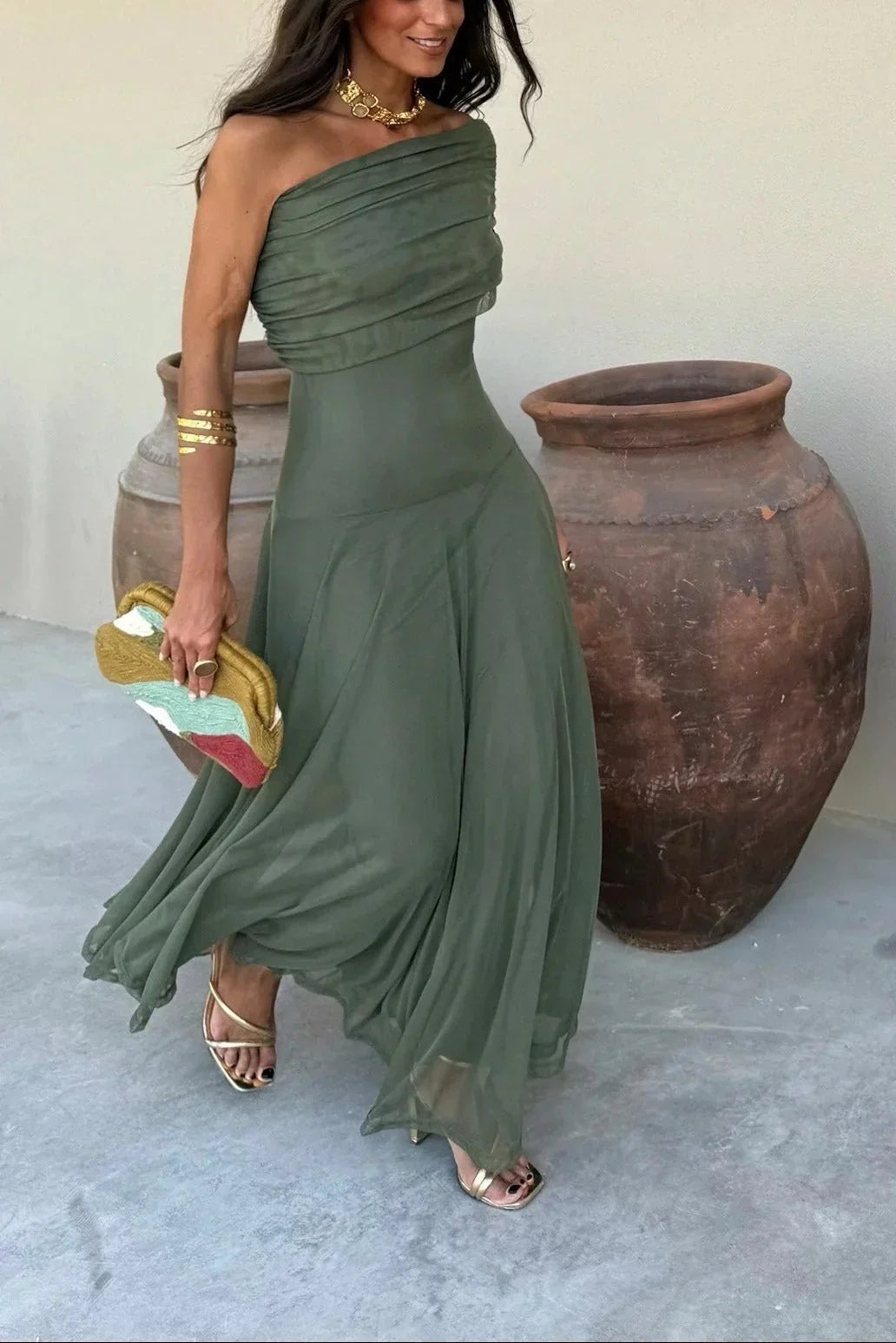 Valentina - Elegant Women's Wedding Guest Maxi Dress with One Shoulder and Draped Detail