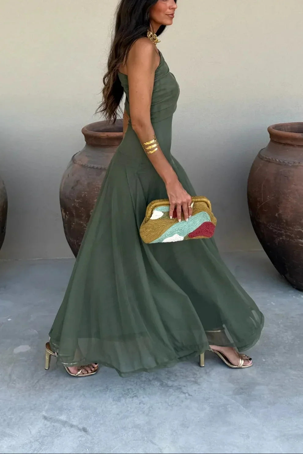 Valentina - Elegant Women's Wedding Guest Maxi Dress with One Shoulder and Draped Detail