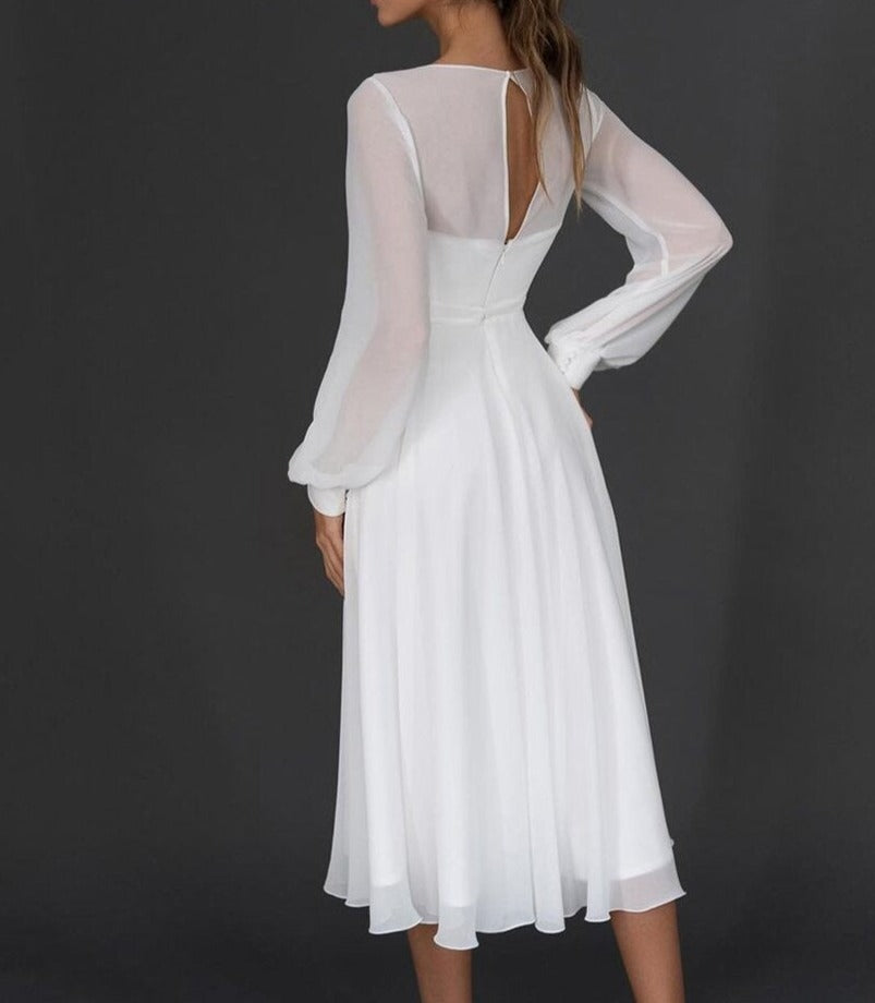 Valentina - Elegant Women's Wedding Guest Maxi Dress with Sheer Long Sleeves and V Neck