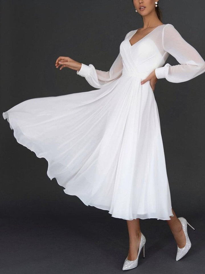 Valentina - Elegant Women's Wedding Guest Maxi Dress with Sheer Long Sleeves and V Neck