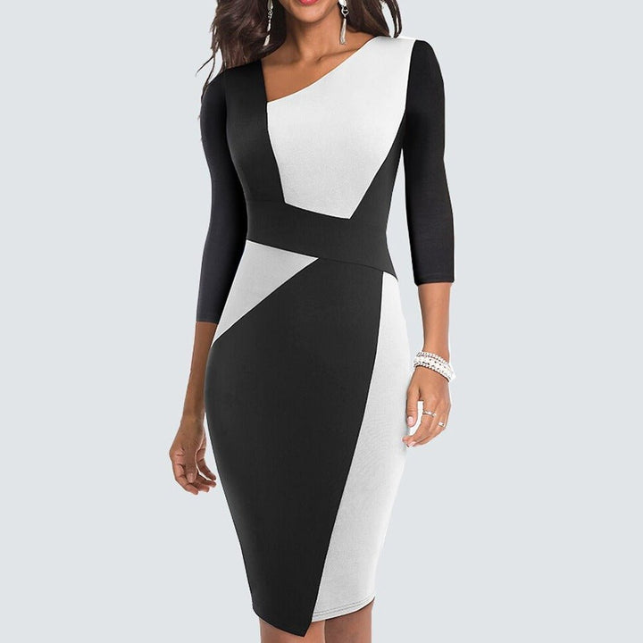 Victoria - Formal Women's Wedding Guest Midi Dress with Asymmetric Neck and Colour Block Panel