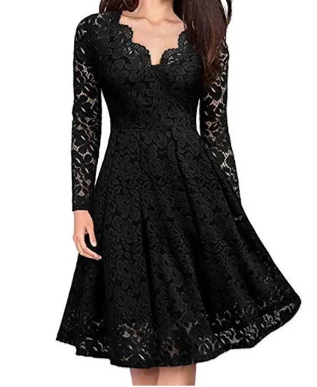 Violet - Vintage Women's Summer Midi Dress with V Neck and Long Sleeves and Floral Detail