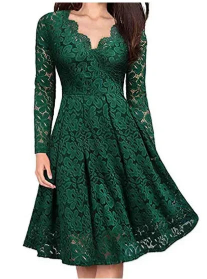 Violet - Vintage Women's Summer Midi Dress with V Neck and Long Sleeves and Floral Detail