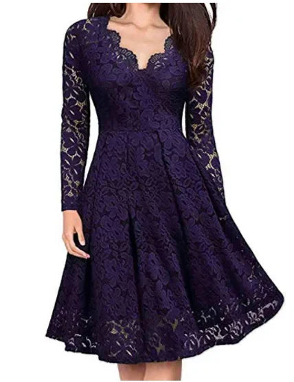 Violet - Vintage Women's Summer Midi Dress with V Neck and Long Sleeves and Floral Detail