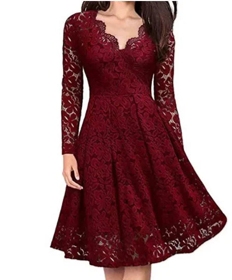 Violet - Vintage Women's Summer Midi Dress with V Neck and Long Sleeves and Floral Detail