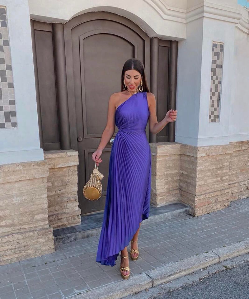 Vivienne - Chic Women's Wedding Guest Midi Dress with One Shoulder and Pleated Asymmetric Hem