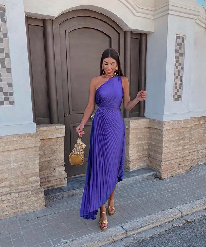 Vivienne - Chic Women's Wedding Guest Midi Dress with One Shoulder and Pleated Asymmetric Hem