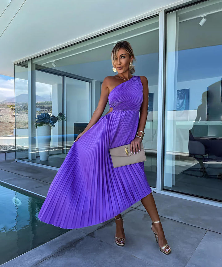 Vivienne - Chic Women's Wedding Guest Midi Dress with One Shoulder and Pleated Asymmetric Hem