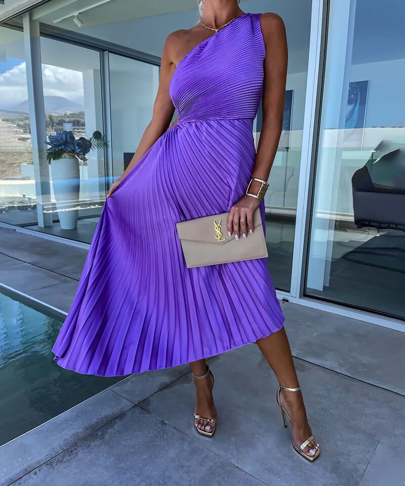 Vivienne - Chic Women's Wedding Guest Midi Dress with One Shoulder and Pleated Asymmetric Hem