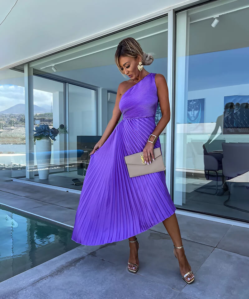 Vivienne - Chic Women's Wedding Guest Midi Dress with One Shoulder and Pleated Asymmetric Hem