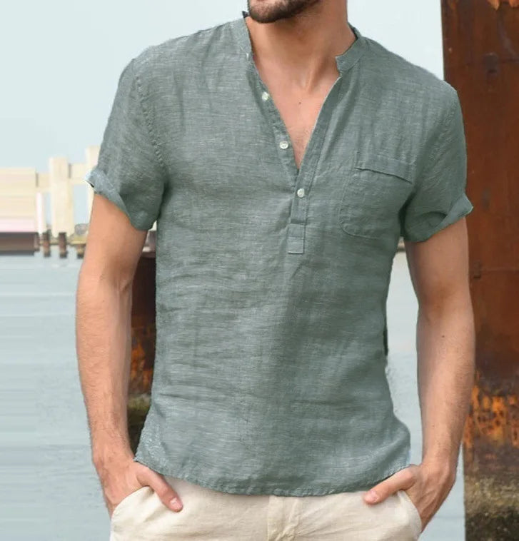 William - Casual Men's Linen Shirt with Henley Collar and Chest Pocket