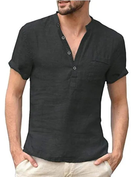 William - Casual Men's Linen Shirt with Henley Collar and Chest Pocket