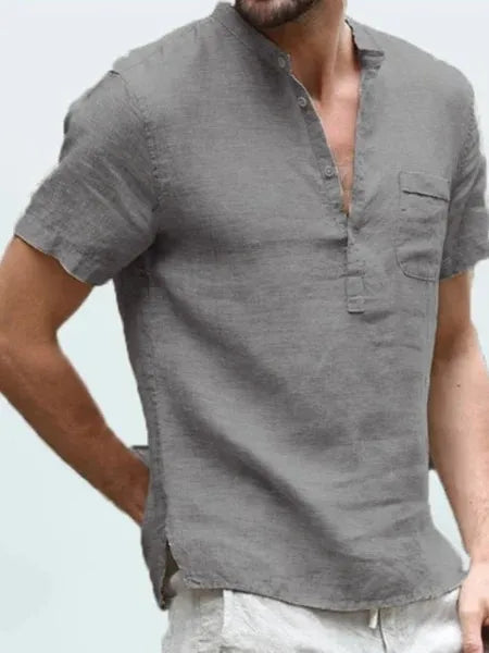 William - Casual Men's Linen Shirt with Henley Collar and Chest Pocket